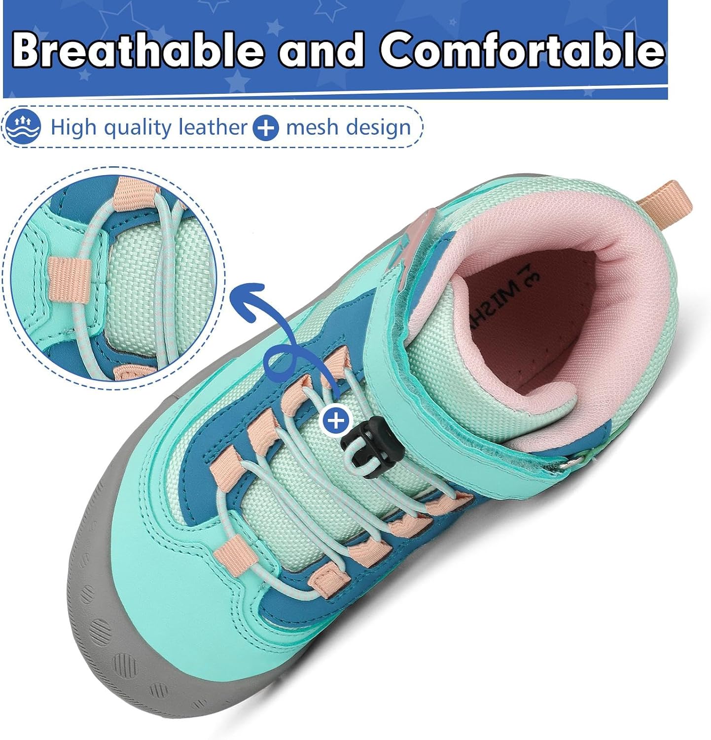 Detalle de Mishansha Kinder Wanderschuhe – Leichte Trekkingschuhe mit Klettverschluss, rutschfest und atmungsaktiv (Gr. 24–38)