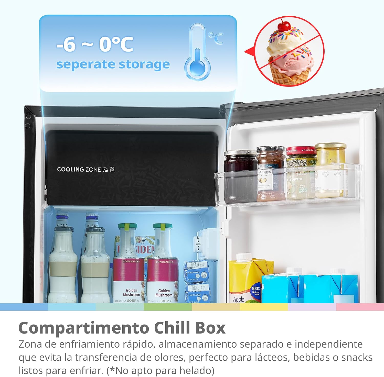 Detalle de Comfee RCD92BF2EUY(E): Refrigerador compacto de 88 L para espacios pequeños