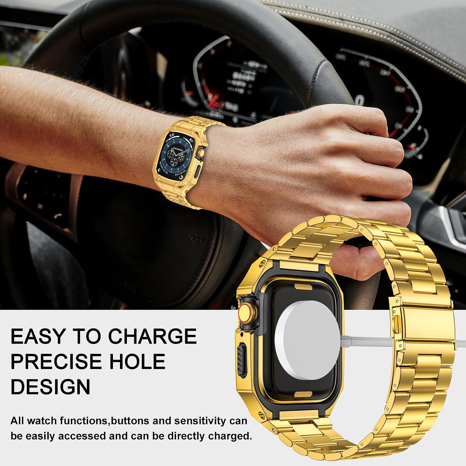 Detalle 2 de BAITEYOU Stainless Steel Watch Band with Case for Apple Watch (44mm/42mm) – 360° Protection