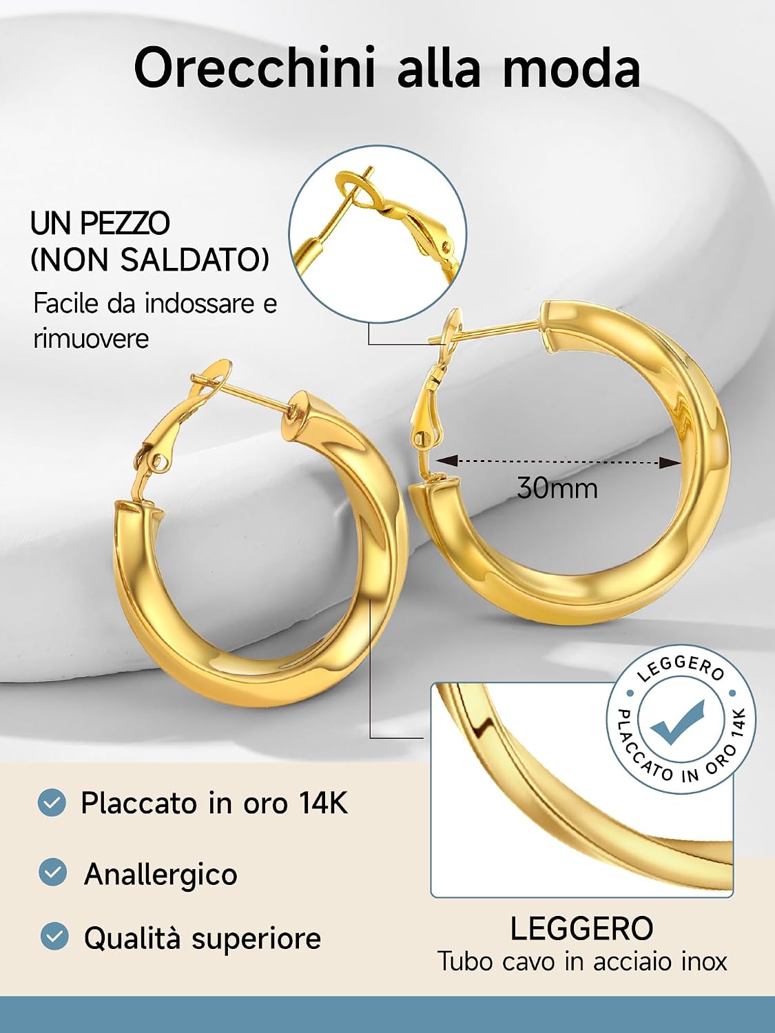 Detalle de Orecchini a cerchio vuoti PROSTEEL in acciaio 316L oversize Y2K (diametri 30/40/60/80 mm)