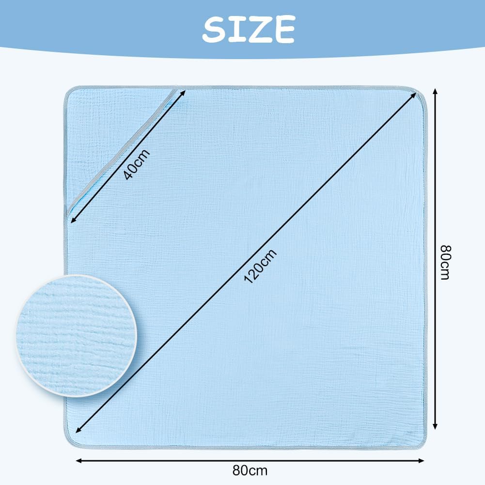 Detalle 2 de Aolso Accappatoio Neonato 80x80 cm in Crêpe con Cappuccio: morbidezza extra e assorbenza per neonati 0–3 anni - Blu