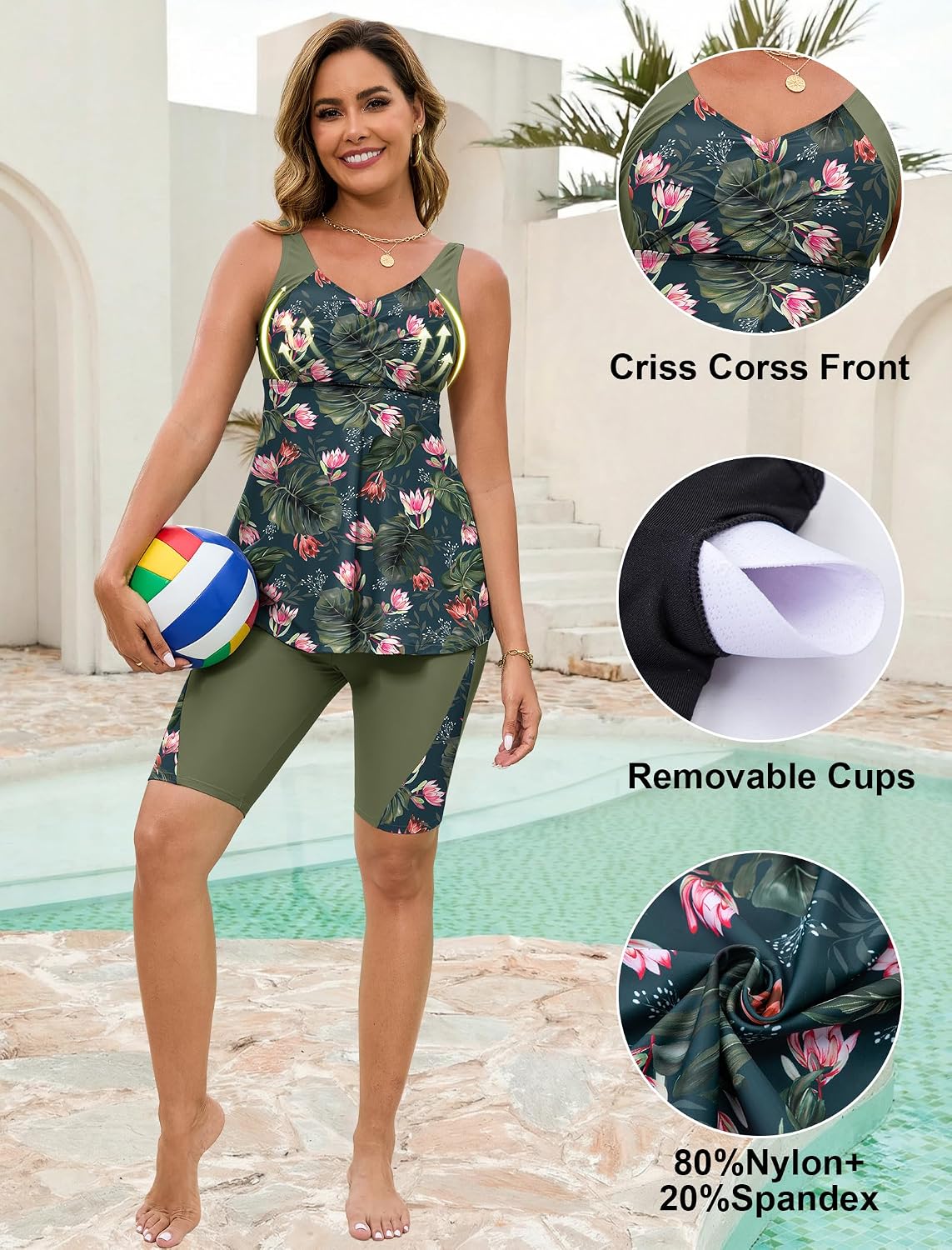 Detalle de Arolina Plus Size Modest Tankini with Shorts – Two-Piece Swimsuit for Full Figure