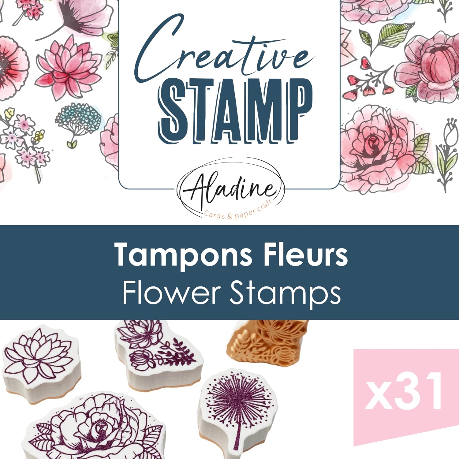 Detalle 2 de Aladine 31 Stempel-Set Blumen – Stempelkit für Karten, Scrapbooking und Bullet Journal