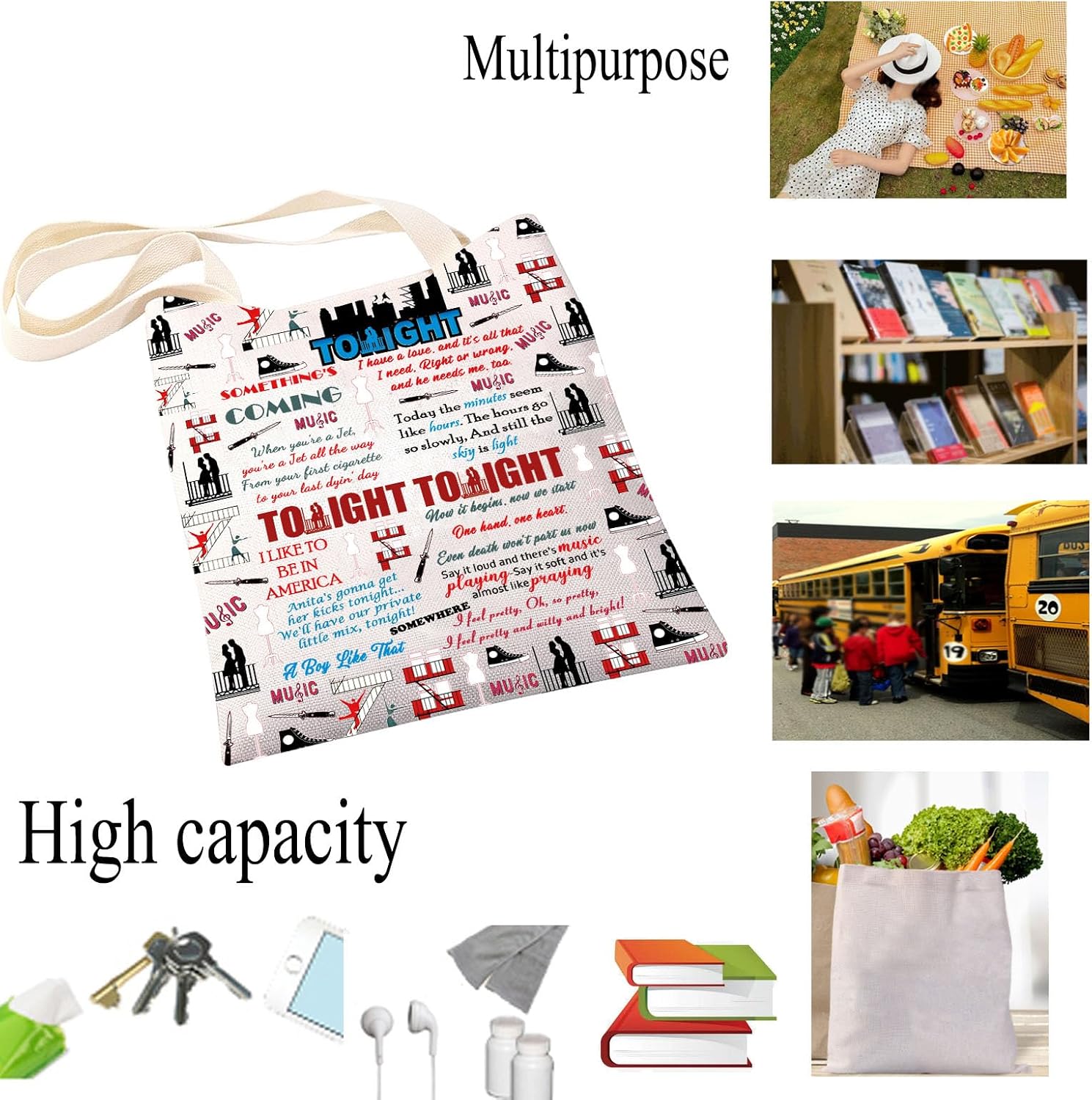 Detalle de PXTIDY West Side Story Musical Tote Bag – Practical Broadway Theatre Bag