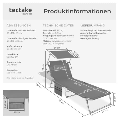 Detalle de tectake Sonnenliege klappbar: tragbar, mit Dach, Seitentasche und verstellbarer Rückenlehne