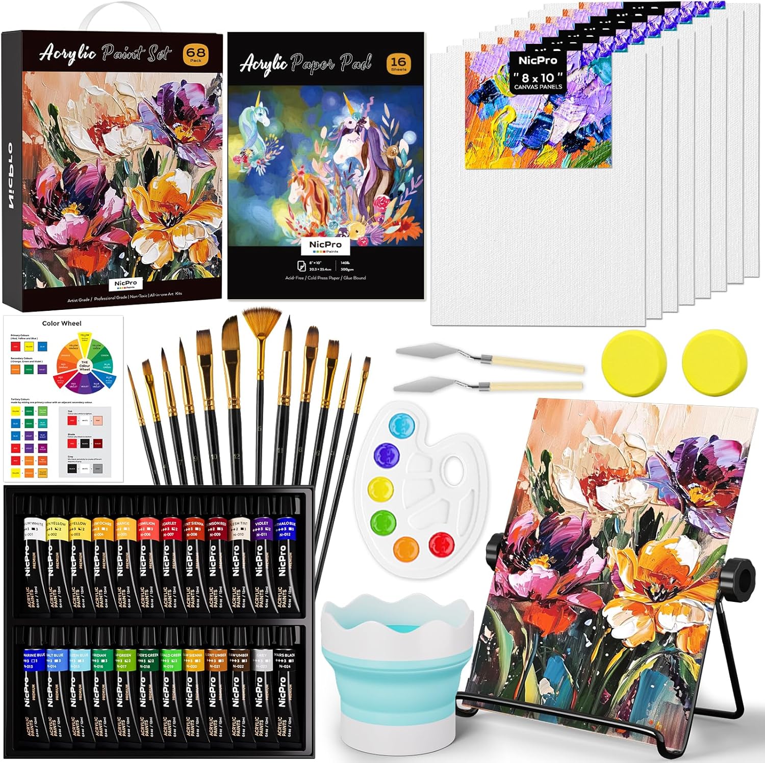 Detalle de Nicpro 68PCS Acrylic Paint Canvas Set – Complete Beginner Painting Kit
