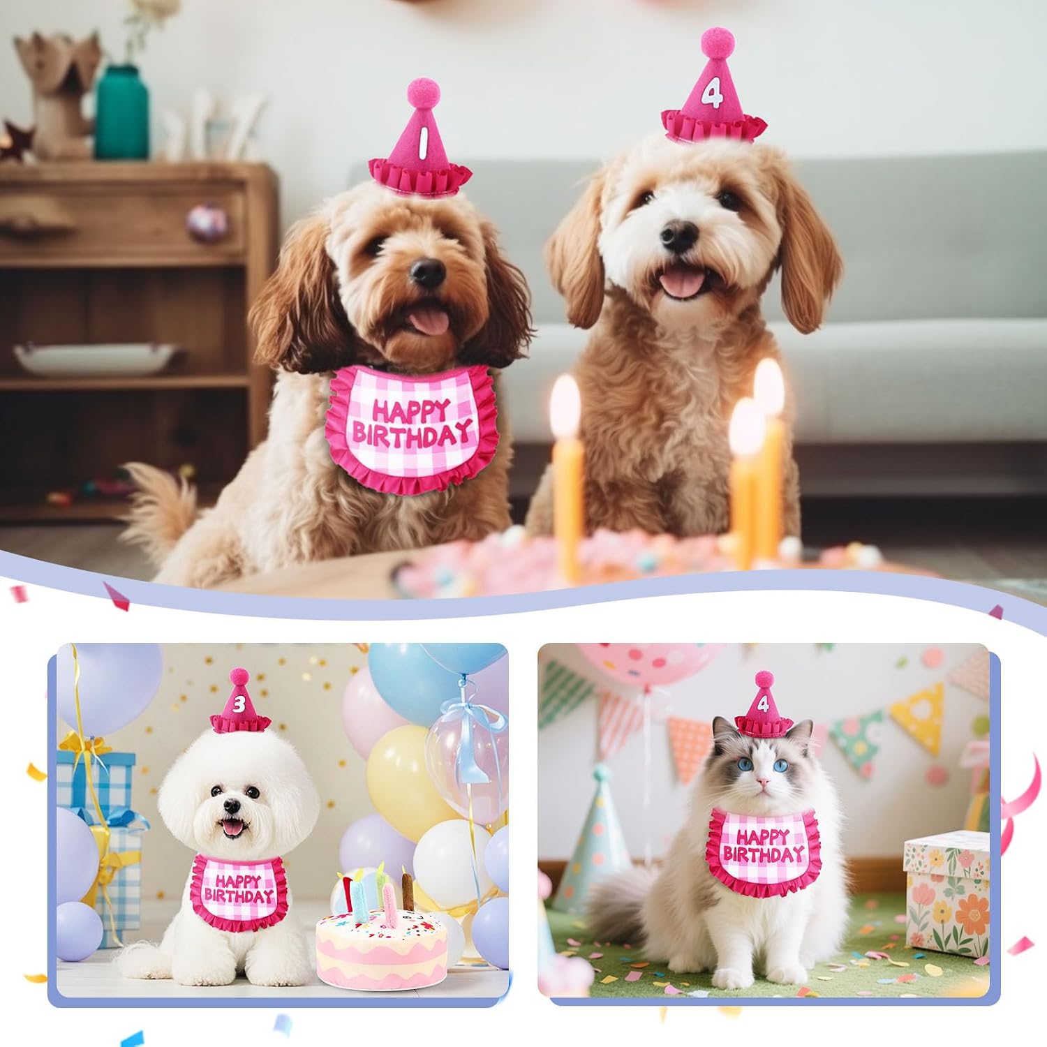 Thumbnail 5 de La Desire Katzen Geburtstag Outfit Set (Bandana & Hut, 0–9 Zahlen) inkl. Plüsch-Torte und hängendem Katzenspielzeug mit Katzenminze – Rosa
