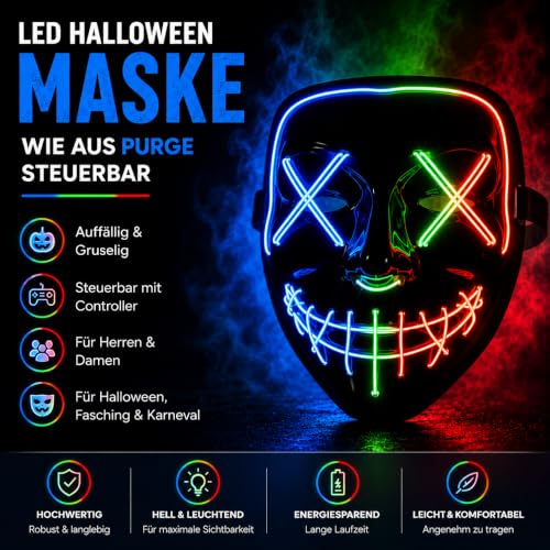Detalle de TK Gruppe Timo Klingler LED-Gruselmaske mit Fernbedienung, drei Farben