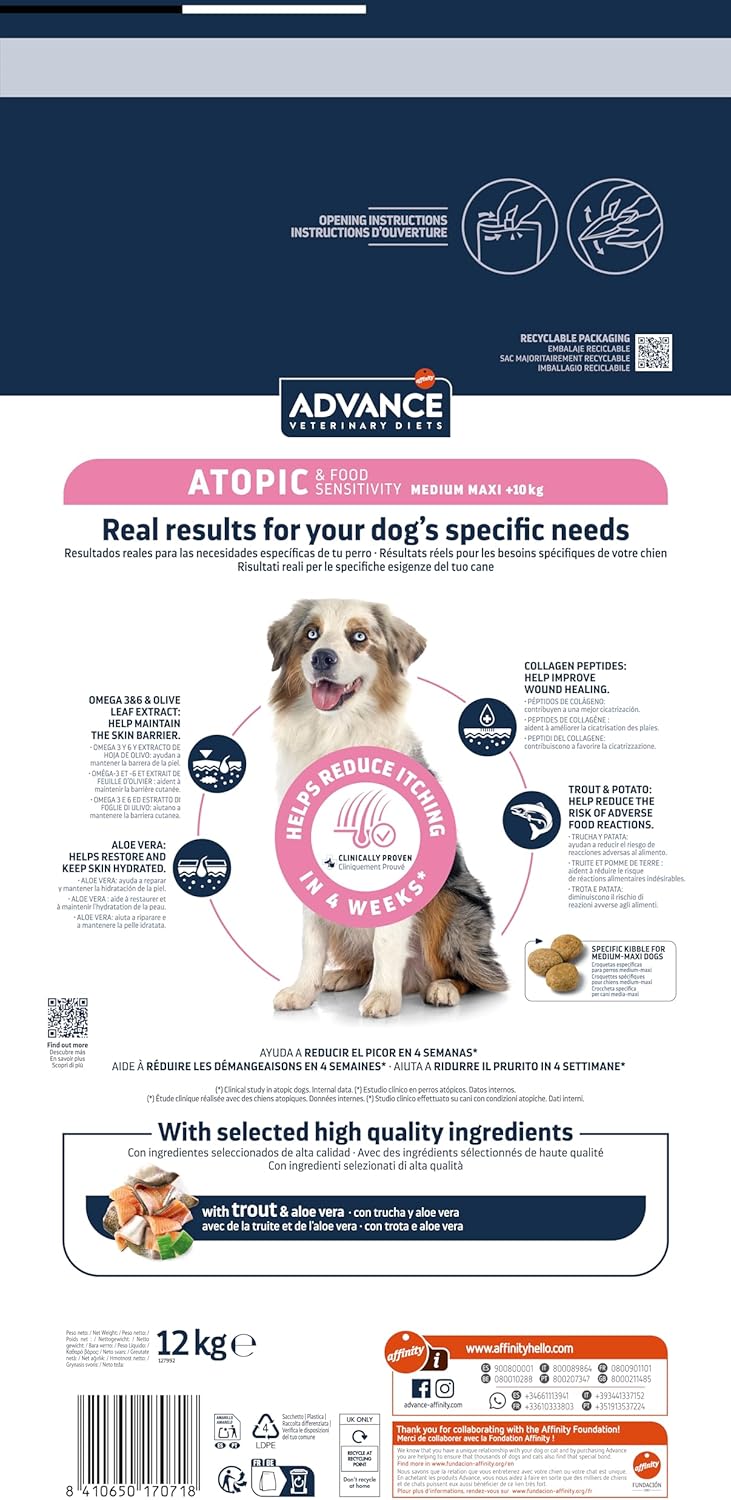 Detalle 2 de Advance Veterinary Diets Atopic Medium & Maxi – Croquettes pour chiens (Truite) – 12 kg