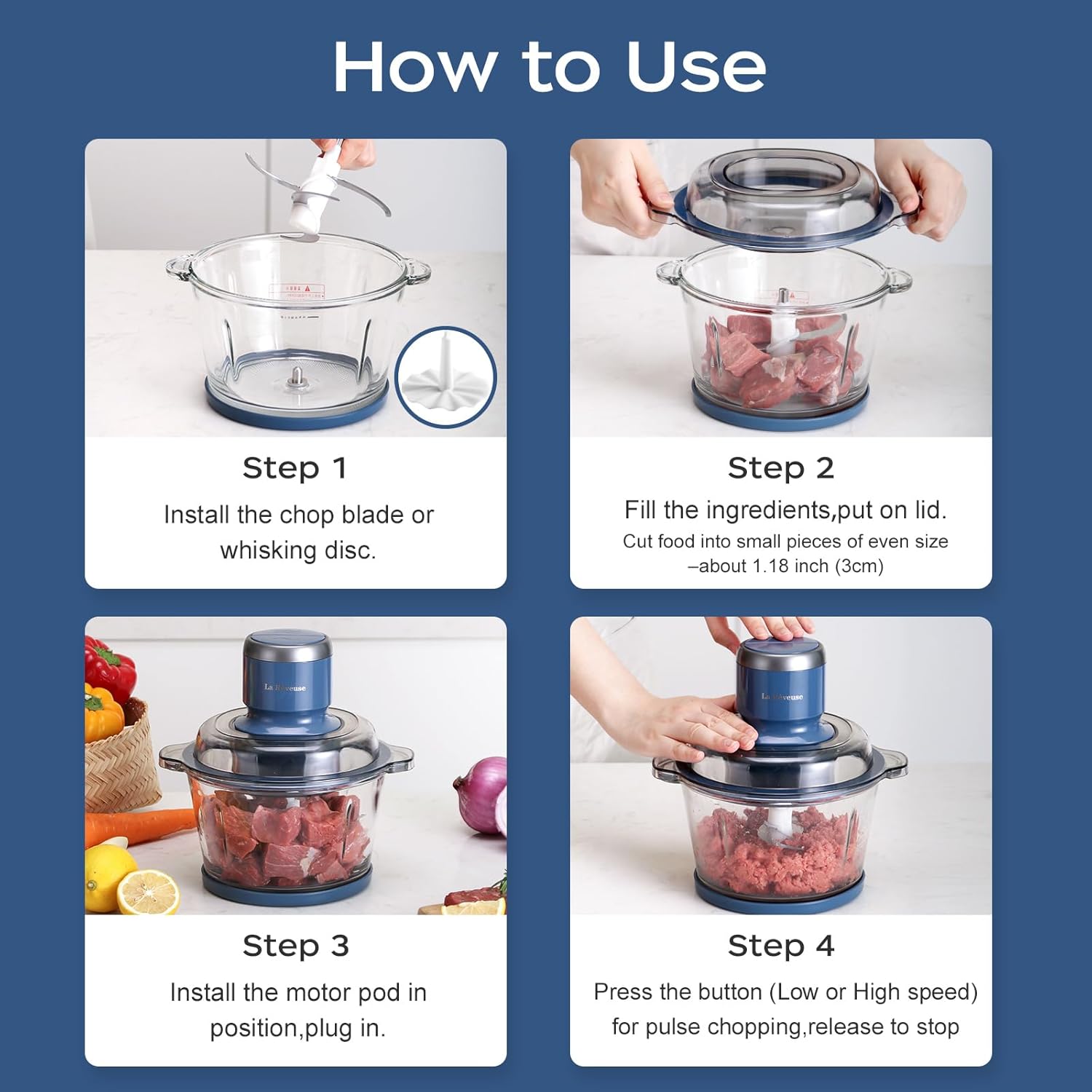 Detalle 2 de La Reveuse Food Processor: 7-Cup Glass Bowl, 300W Electric Chopper with 4 Bi-Level Blades