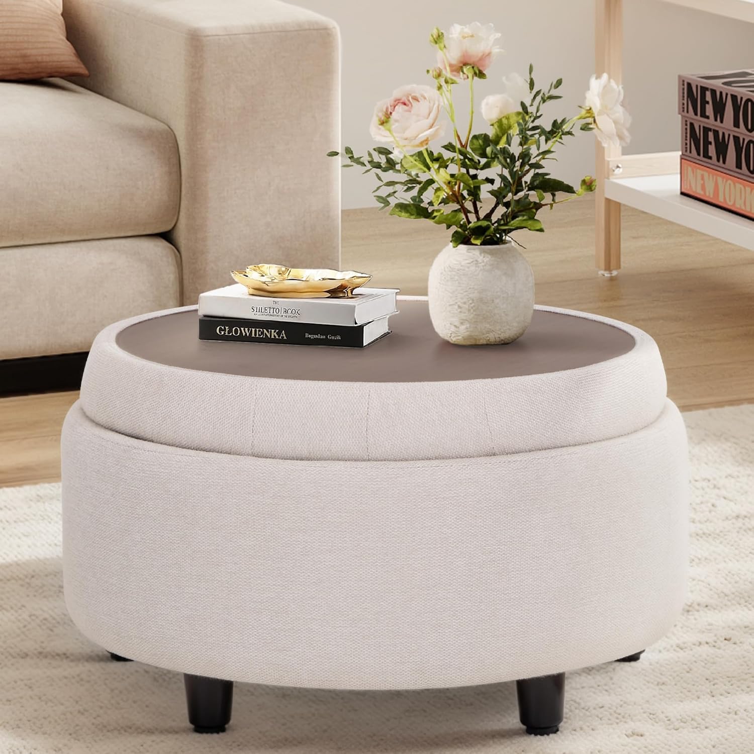 Detalle de COLAMY Round Storage Ottoman, Beige