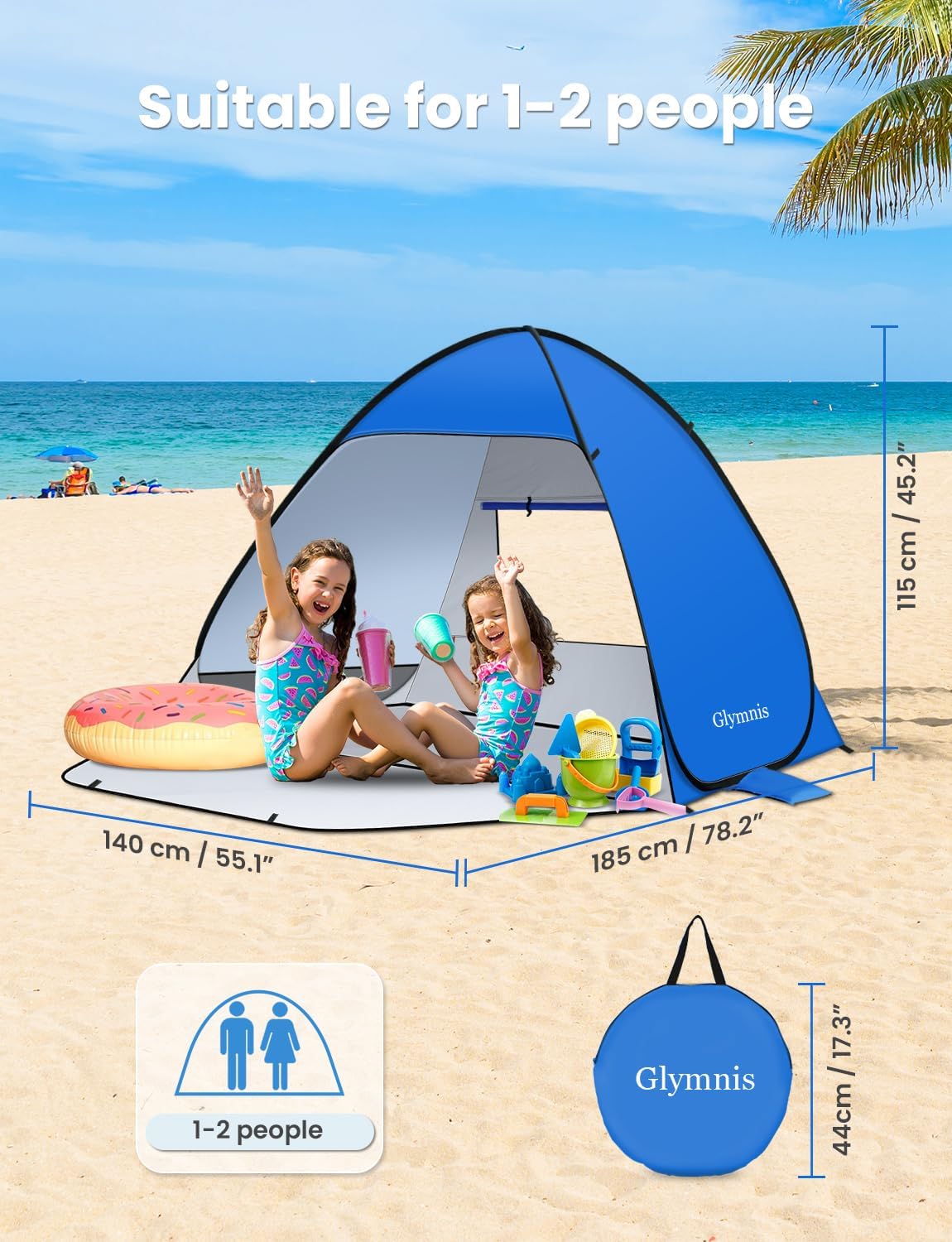 Thumbnail 1 de Glymnis Pop Up Beach Tent (Small for 1–2 / Large for 3–4) with UPF 50+ and Zipper Porch