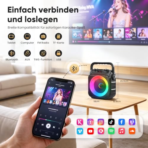 Detalle de Singingmate Karaoke Maschine mit 2 kabellosen Mikrofonen – tragbare Karaoke Box, Bluetooth Lautsprecher, TV-kompatibel