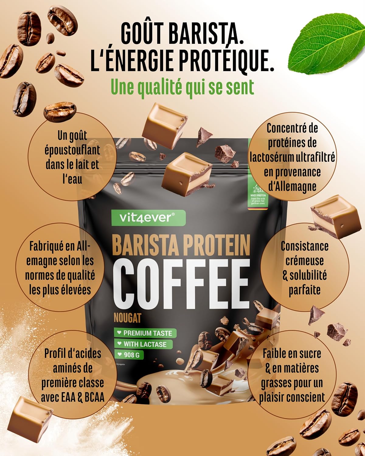 Detalle de Vit4ever Barista Protein Coffee Nougat (908 g) — café protéiné crémeux jusqu’à 20 g de protéines