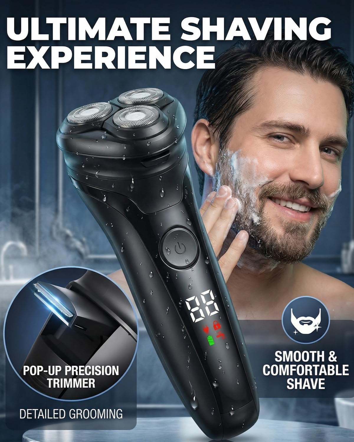 Detalle de Neialla Men's Electric Shavers: Cordless, 90-Min Run Time, IPX5 Wet & Dry & 3 Rotary Blades