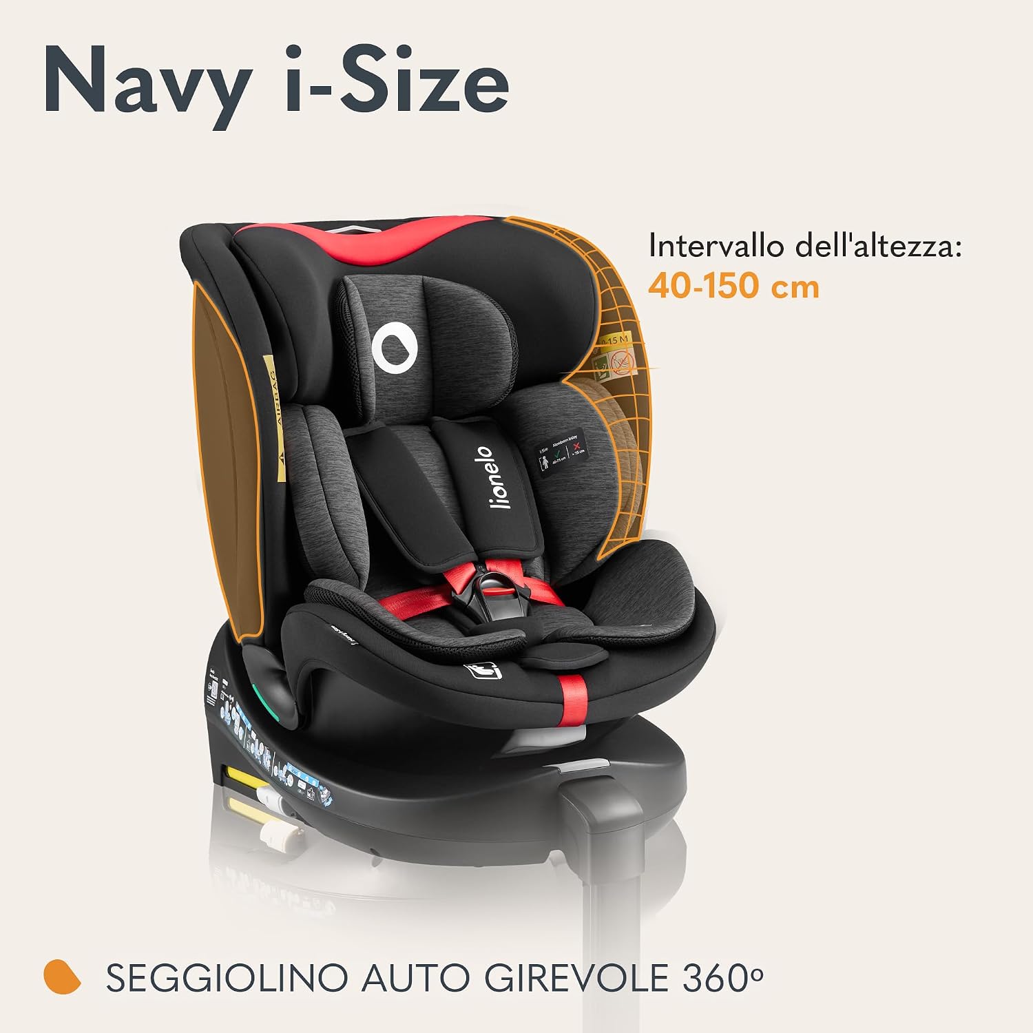 Thumbnail 1 de LIONELO NAVY i-Size: seggiolino auto girevole a 360° con ISOFIX, reclinabile e supporto a 360°, per bambini 40–150 cm (0–12 anni)