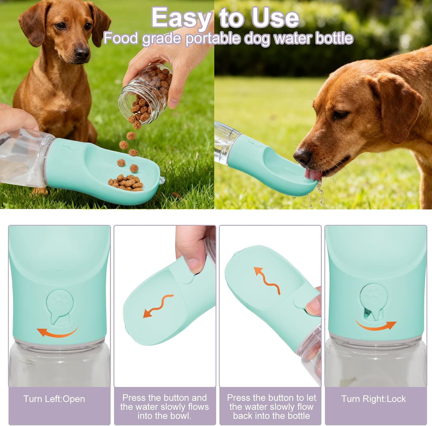 Detalle de Liphier Dog Water Bottle 2 in 1 Portable Water Bottle with Food Container (Green, 550ml)