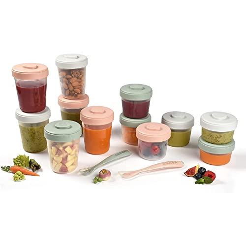 Detalle de BÉABA Lot de 12 Portions Conservation et 2 Cuillères Silicone – Pots empilables et 100% hermétiques