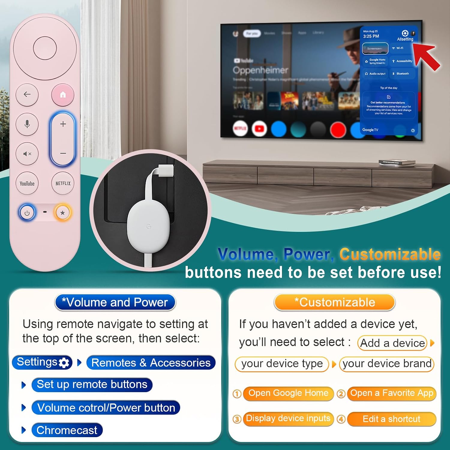 Detalle de Voice Replacement Remote for Google Chromecast TV (Pastel Pink) — 1-Year Warranty