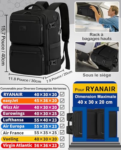 Detalle 2 de LYNXCHER Sac à dos cabine avion 40x30x20 – anti-vol, ordinateur 15,6" et confort pour voyage et travail