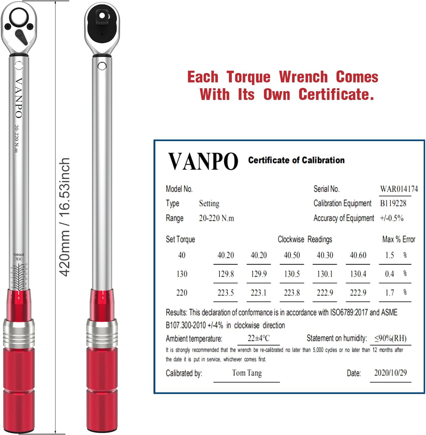 Detalle 2 de VANPO Drehmomentschlüssel 1/2" – 20–220 Nm, 8-tlg. Set mit Verlängerungen und 5 Stecknüssen (17–24 mm)
