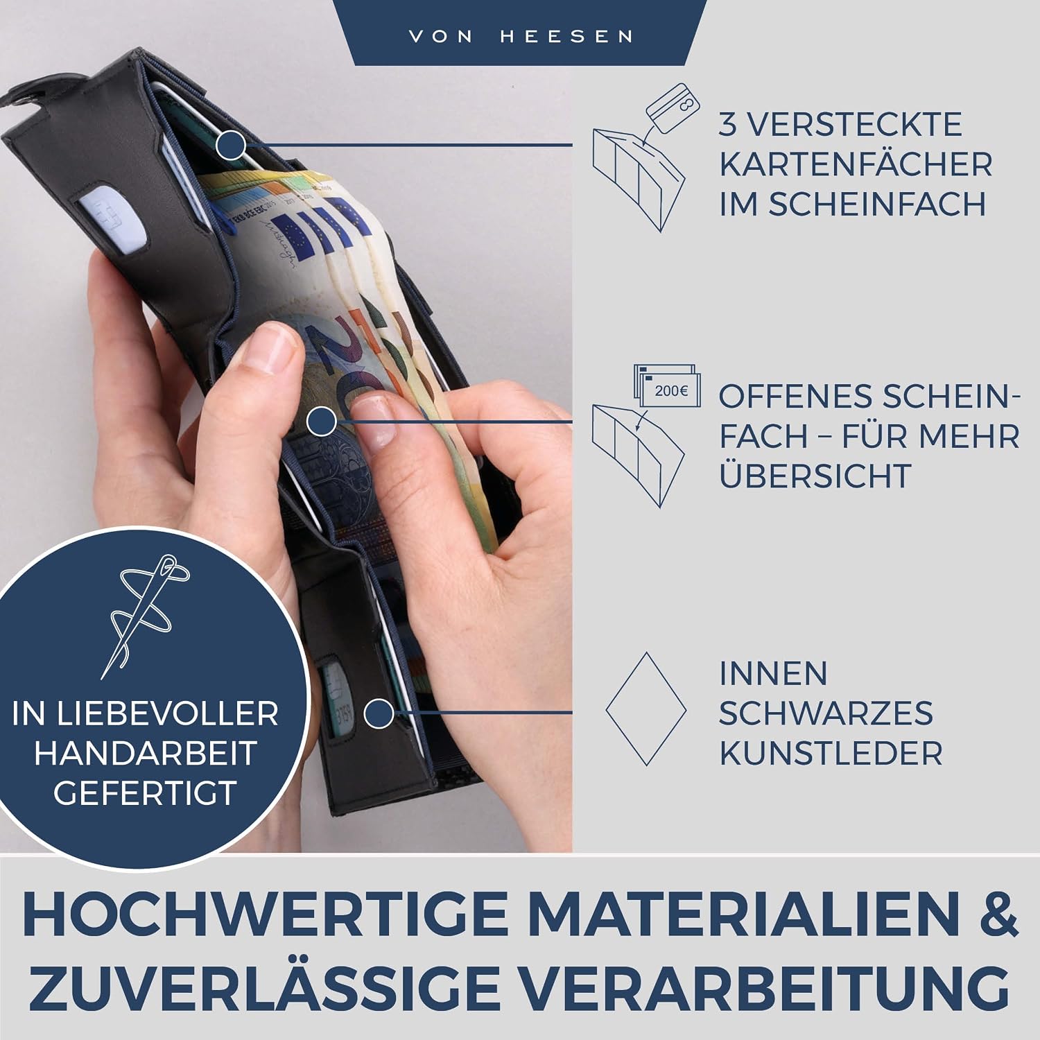 Thumbnail 3 de VON HEESEN Slim Wallet mit Münzfach & RFID-Schutz – schlankes Kartenetui mit 8 Kartenfächern (Carbon-Schwarz, PU)