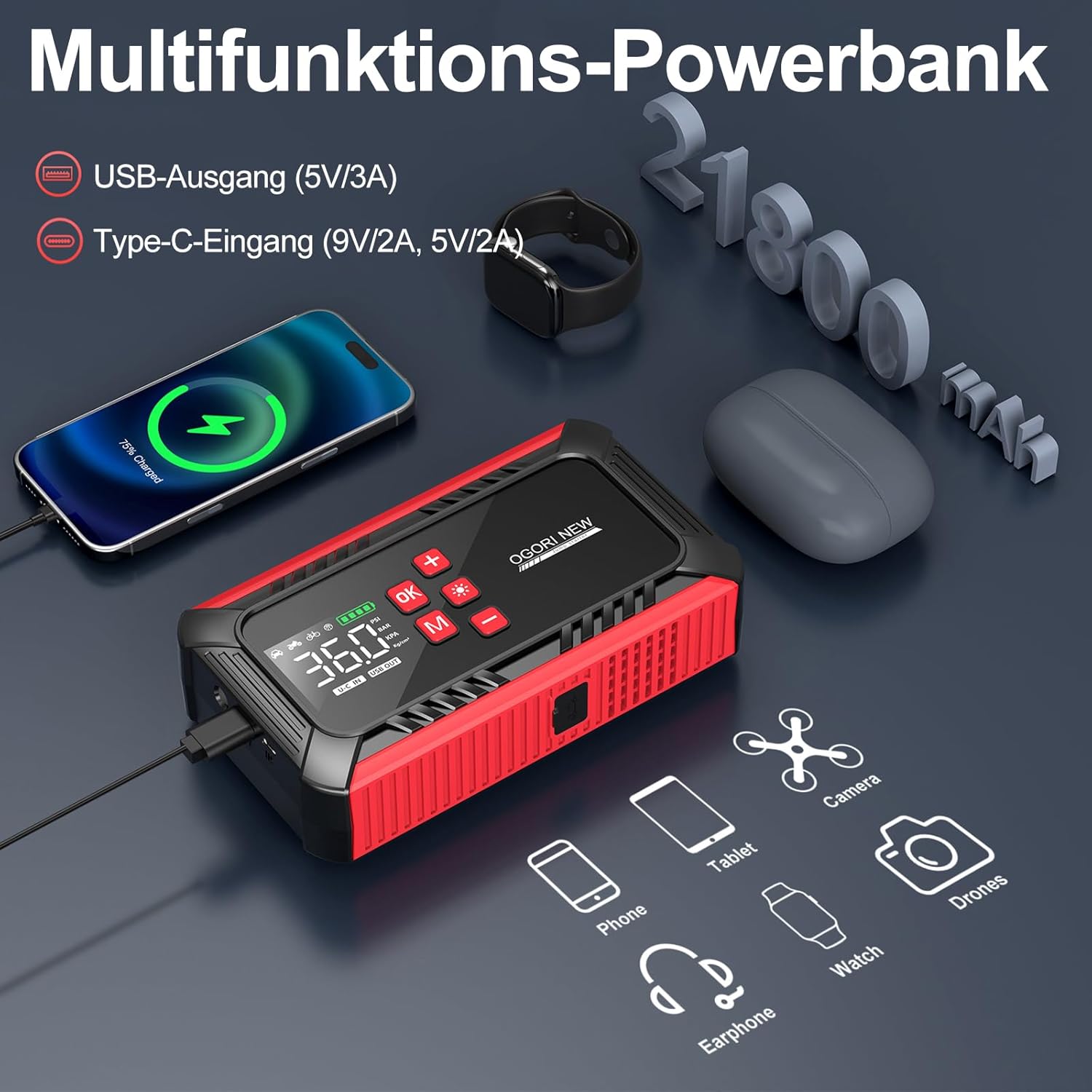 Detalle de OGORI NEW Starthilfe Powerbank 6000A mit 150 PSI Kompressor – All-in-One Notfallwerkzeug für Pkw, Motorräder und mehr