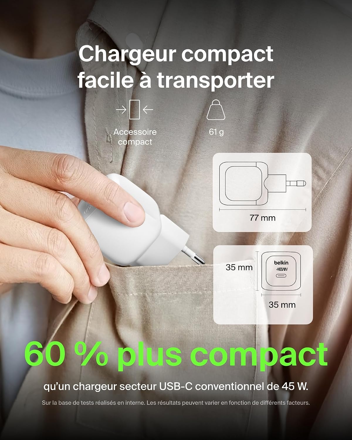 Thumbnail 2 de Belkin Chargeur Secteur Compact 45 W USB-C vers USB-C pour iPhone, Galaxy et iPad