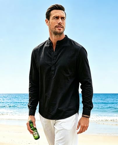 Detalle de Cegerne Camicia Lino Uomo Maniche Lunghe Estiva Traspirante Henley Casual Nero XL