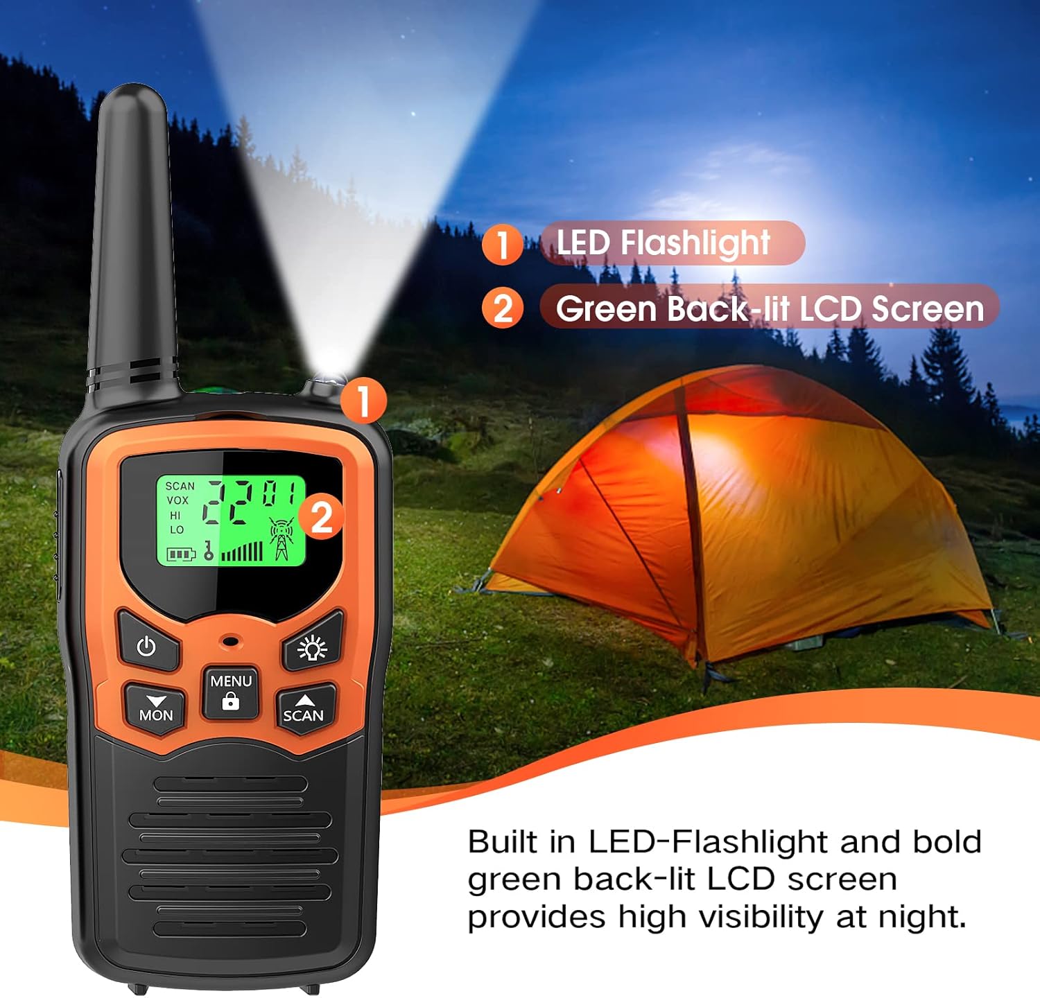 Thumbnail 3 de MOICO Long Range Walkie Talkies (2 Pack) – 22 Channels, VOX, LED Flashlight, LCD Display for Outdoor Adventures