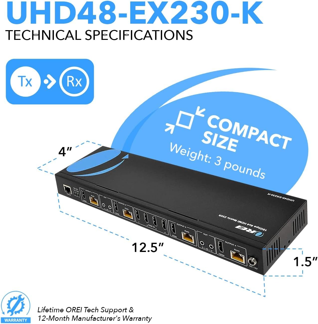 Detalle de OREI 4K 4x4 HDMI Extender Matrix with HDR Switcher & IR Control