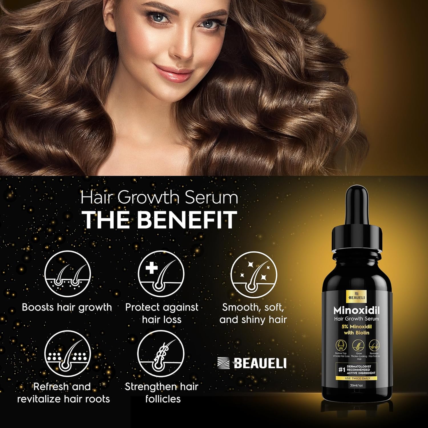 Detalle de Beaueli 5% Minoxidil for Men and Women (Unscented Drops, 3 Fl Oz, 3 Bottles) for Hair & Beard Growth