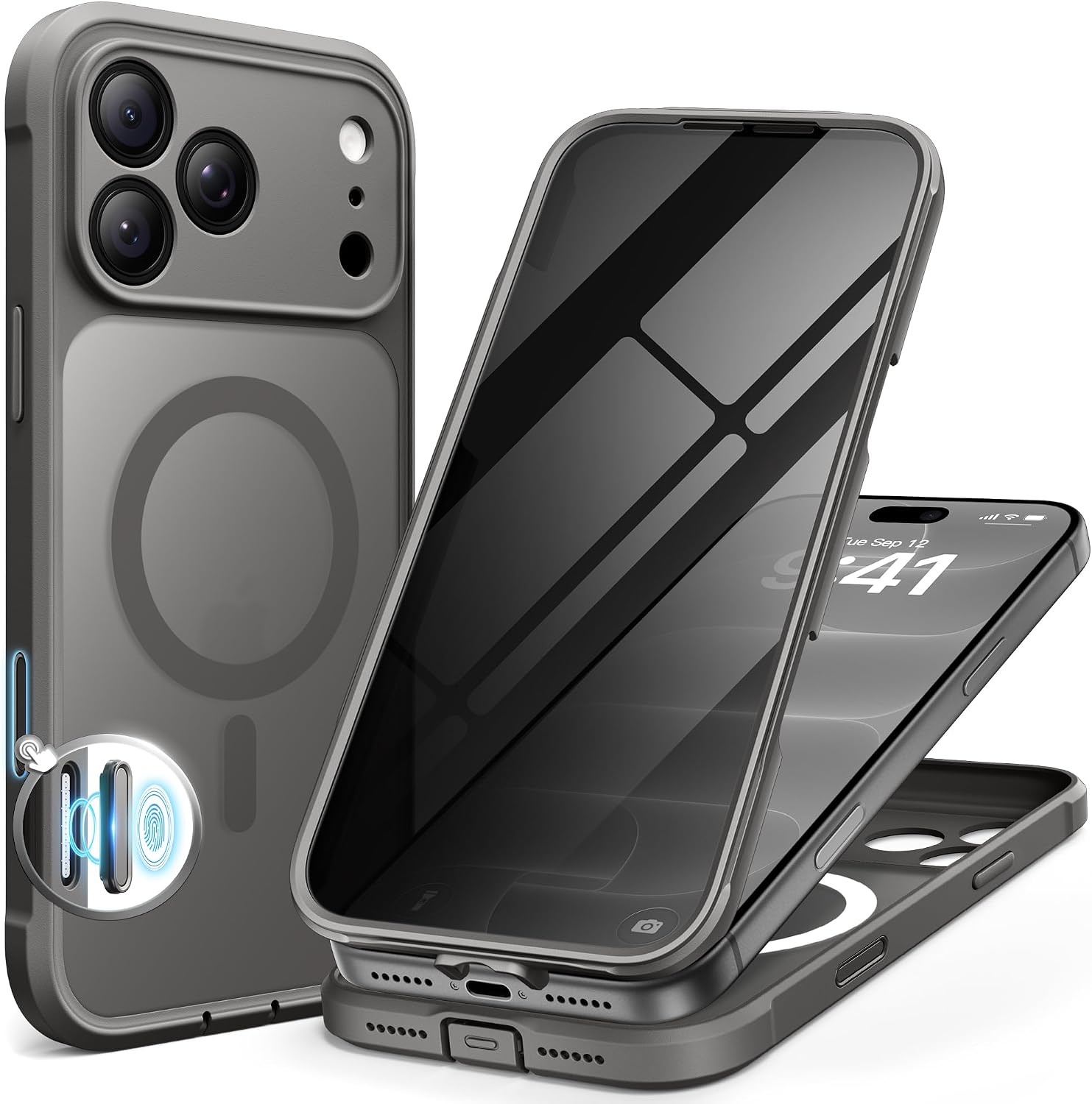 Detalle de BERFY iPhone 17 Pro Max Case with Built-in Privacy Screen — MagSafe Compatible, 360° Shield in Clear Grey