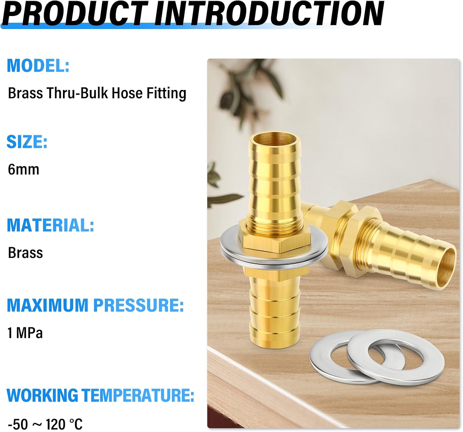 Detalle 2 de TAILONZ PNEUMATIC Brass 6mm Through-Bulk Bulkhead Hose Fitting – 5pc with 10 Clamps