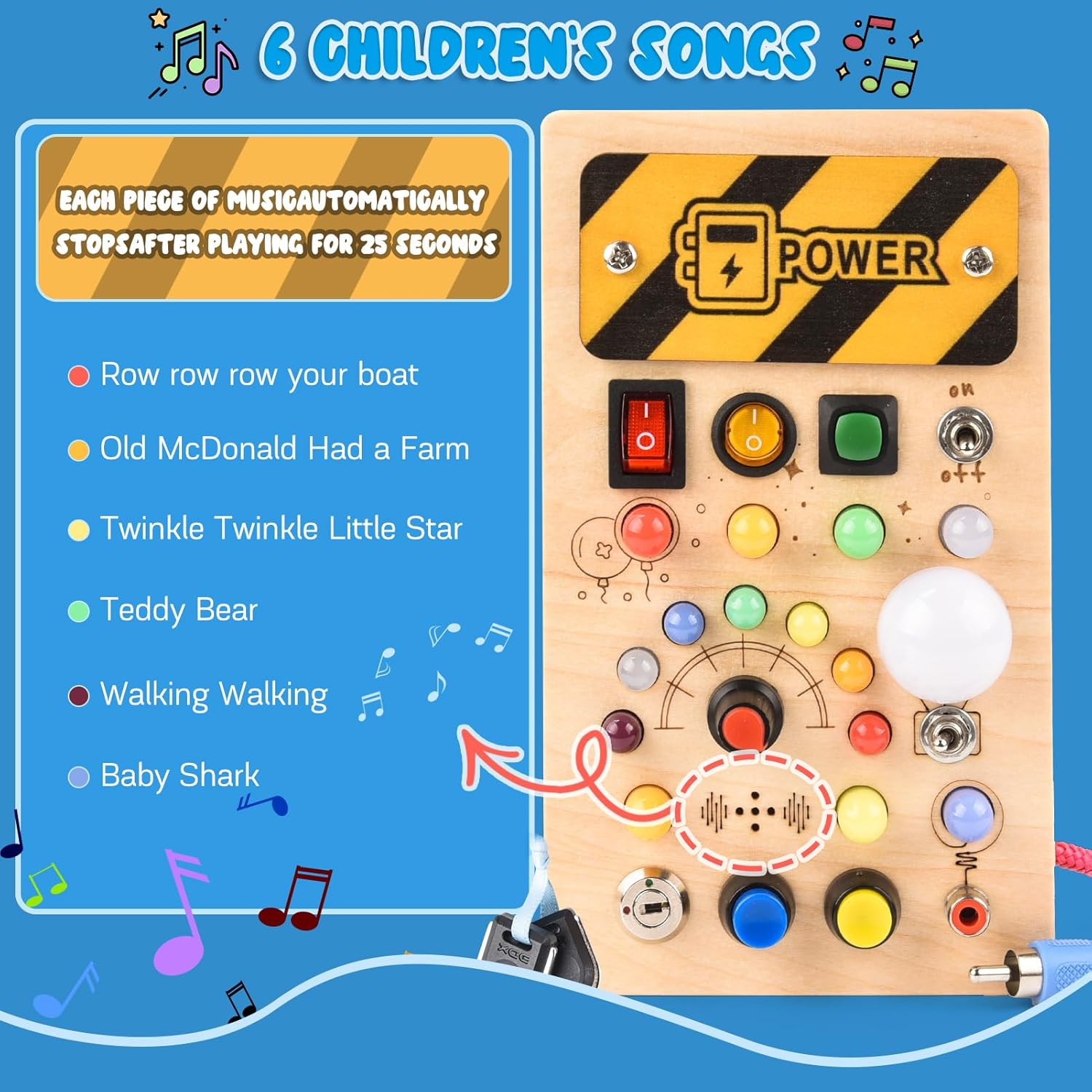 Thumbnail 5 de Busy Board Montessori in legno con 8 interruttori, 15 LED e 6 musiche (da 1 anno)