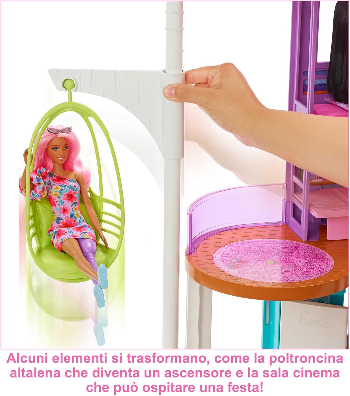 Detalle 2 de Barbie Casa di Malibu (106 cm) playset con 2 piani, 6 stanze, più di 30 pezzi, ascensore e altalena HCD50