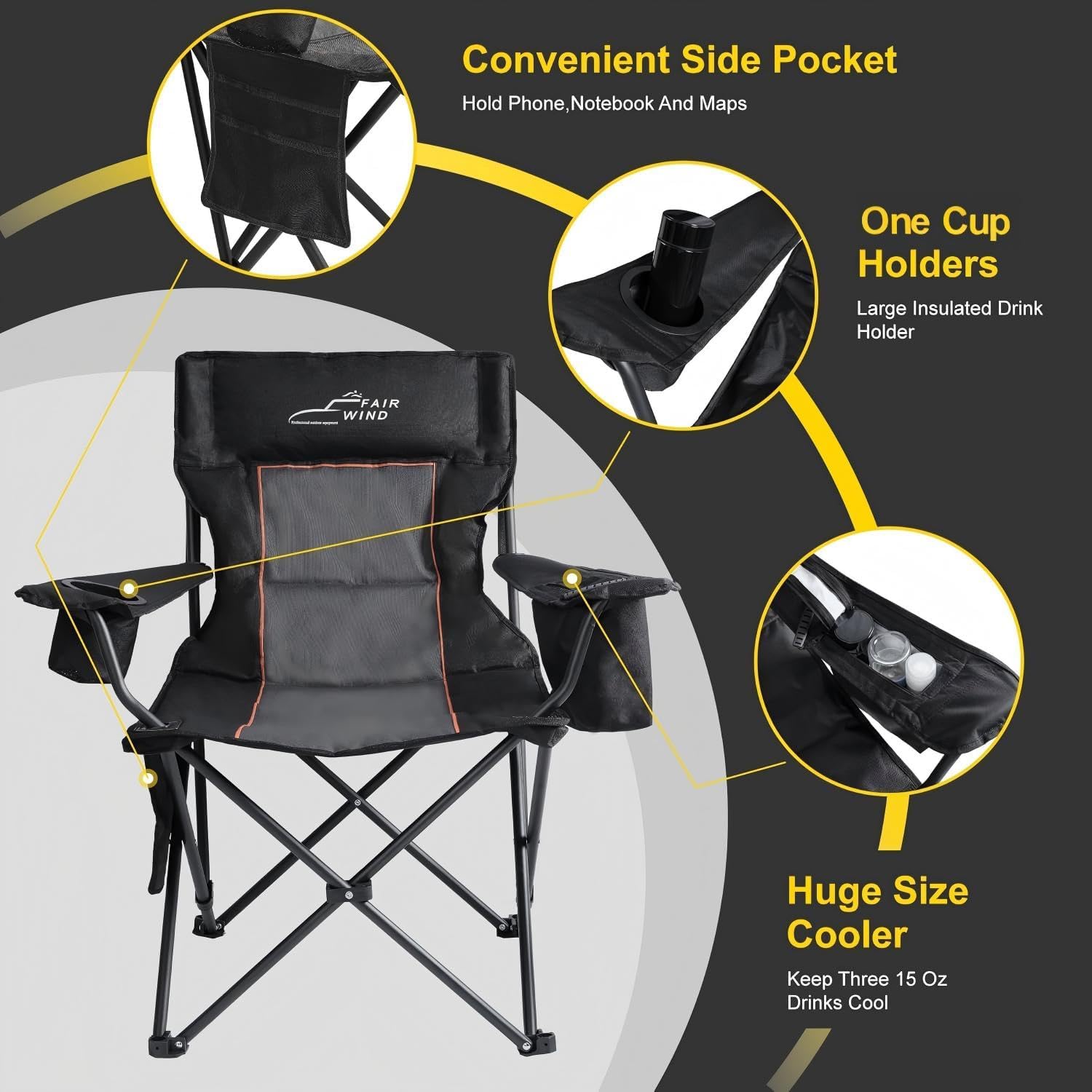 Thumbnail 5 de FAIR WIND Oversized Padded Camping Chair with Footrest Stool Set – Heavy Duty, 300 LBS, Cooler Bag (Black/Gray)