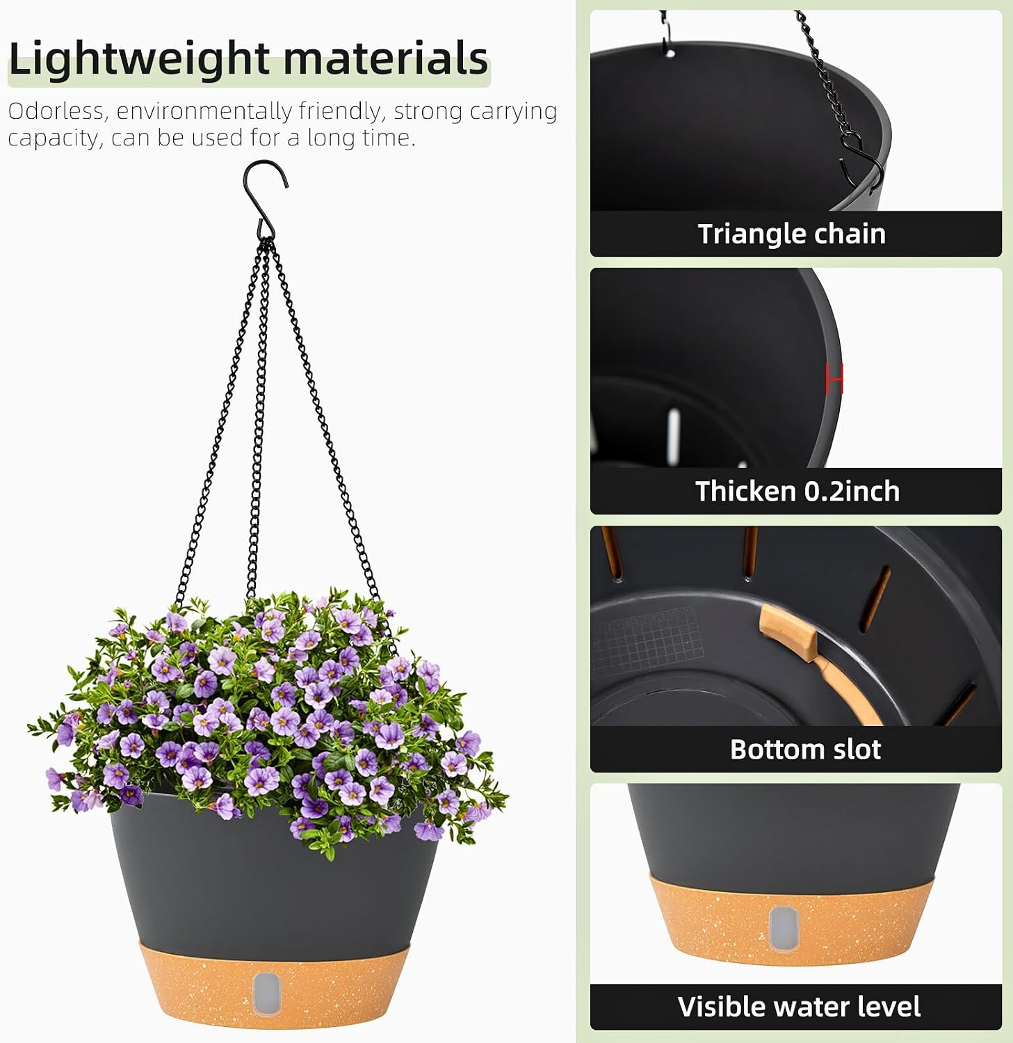 Detalle 1 de QCQHDU 2-Pack Hanging Planters (25.4cm) with Drainage Hole and 3 Hooks, Grey