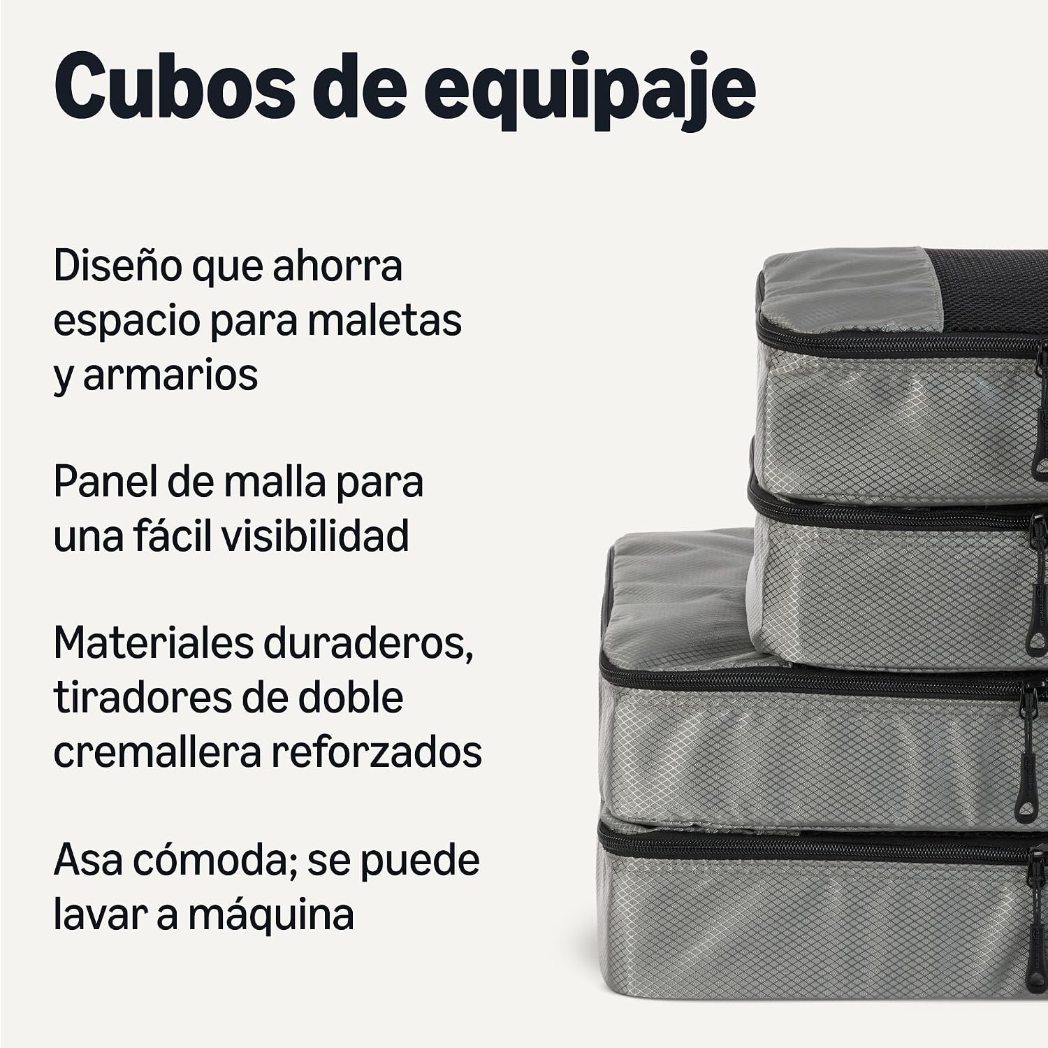 Detalle de Amazon Essentials juego de 4 cubos para viaje (2 medianos y 2 grandes) con doble cremallera y malla