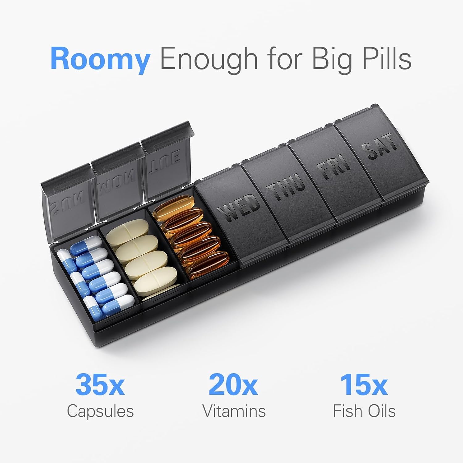Detalle de Barhon Large Weekly Pill Organizer, 7-Day Gray Case for Vitamins and Fish Oil