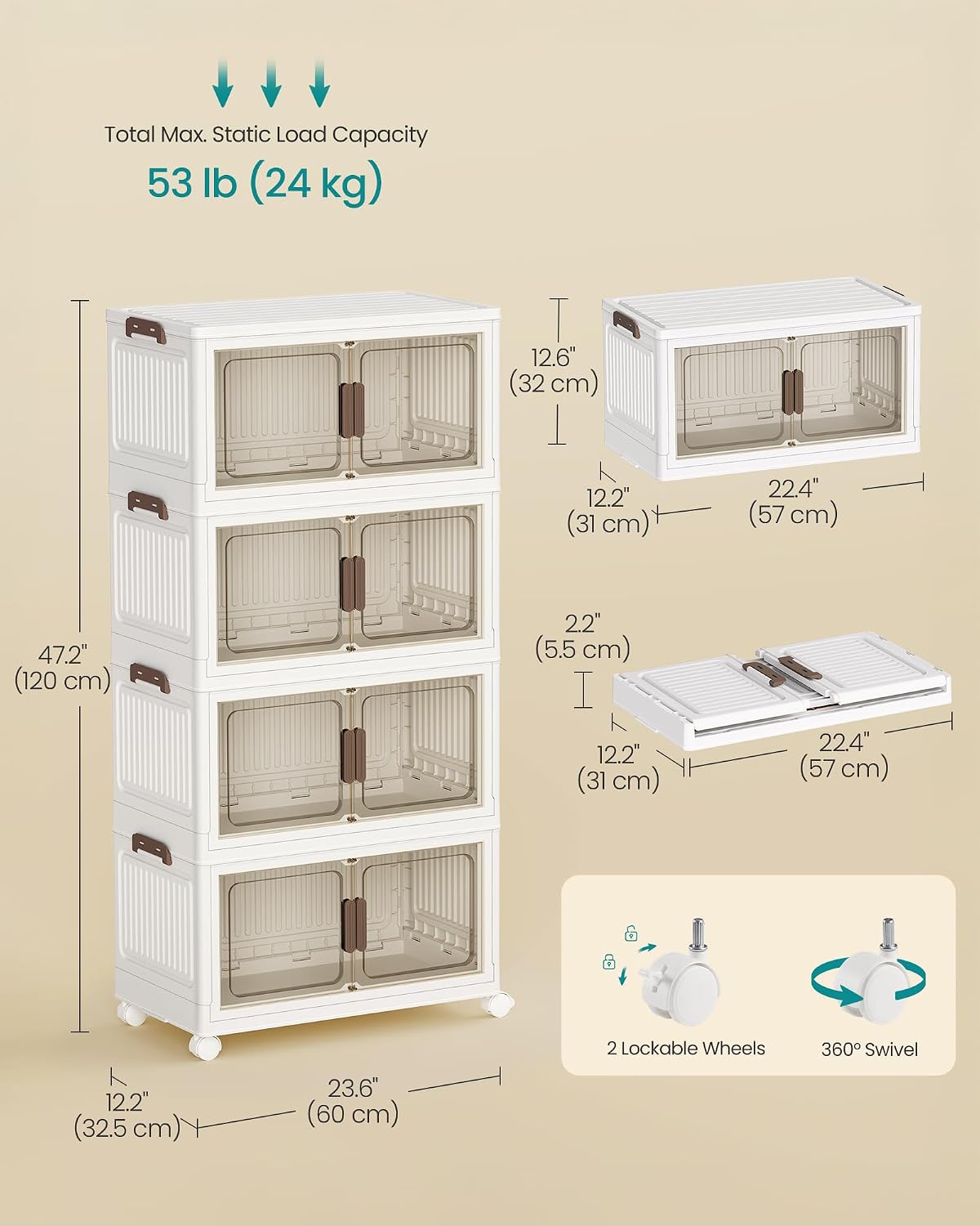 Detalle 2 de SONGMICS 4-Tier Storage Boxes with Lid, 220 L Total Capacity, Stackable with Wheels and Magnetic Doors – RLB460WZ01