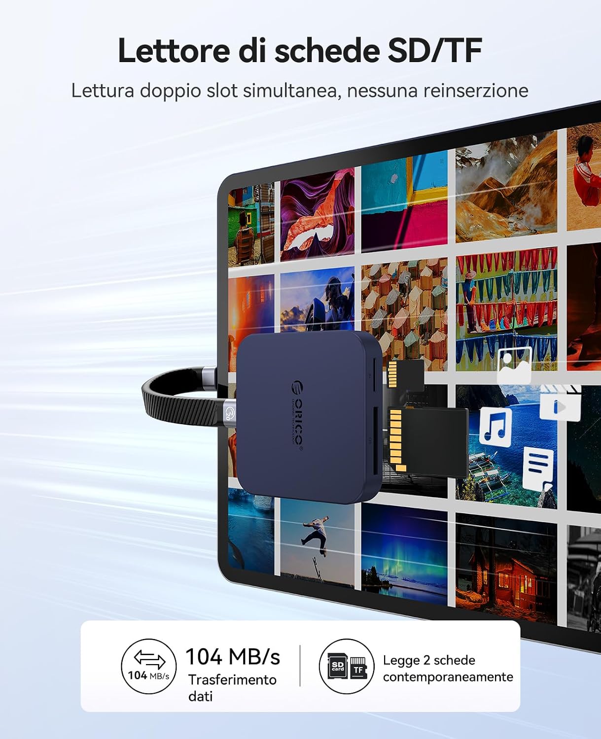 Detalle de ORICO Lettore di schede SD magnetico con ricarica PD 100W 4 in 1 – USB‑C, SD/TF 3.0 e compatibilità iPhone/iPad/MacBook