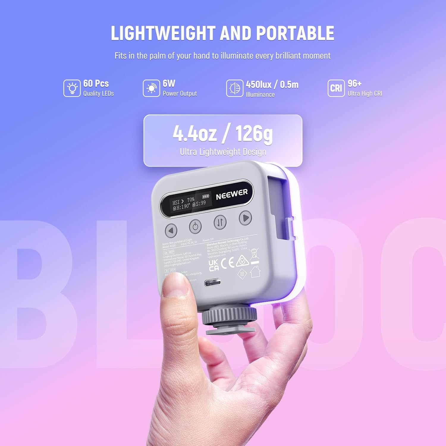 Thumbnail 2 de NEEWER Basic BL60C : mini panneau LED vidéo RVB magnétique rechargeable pour selfie, trépied et griffe flash