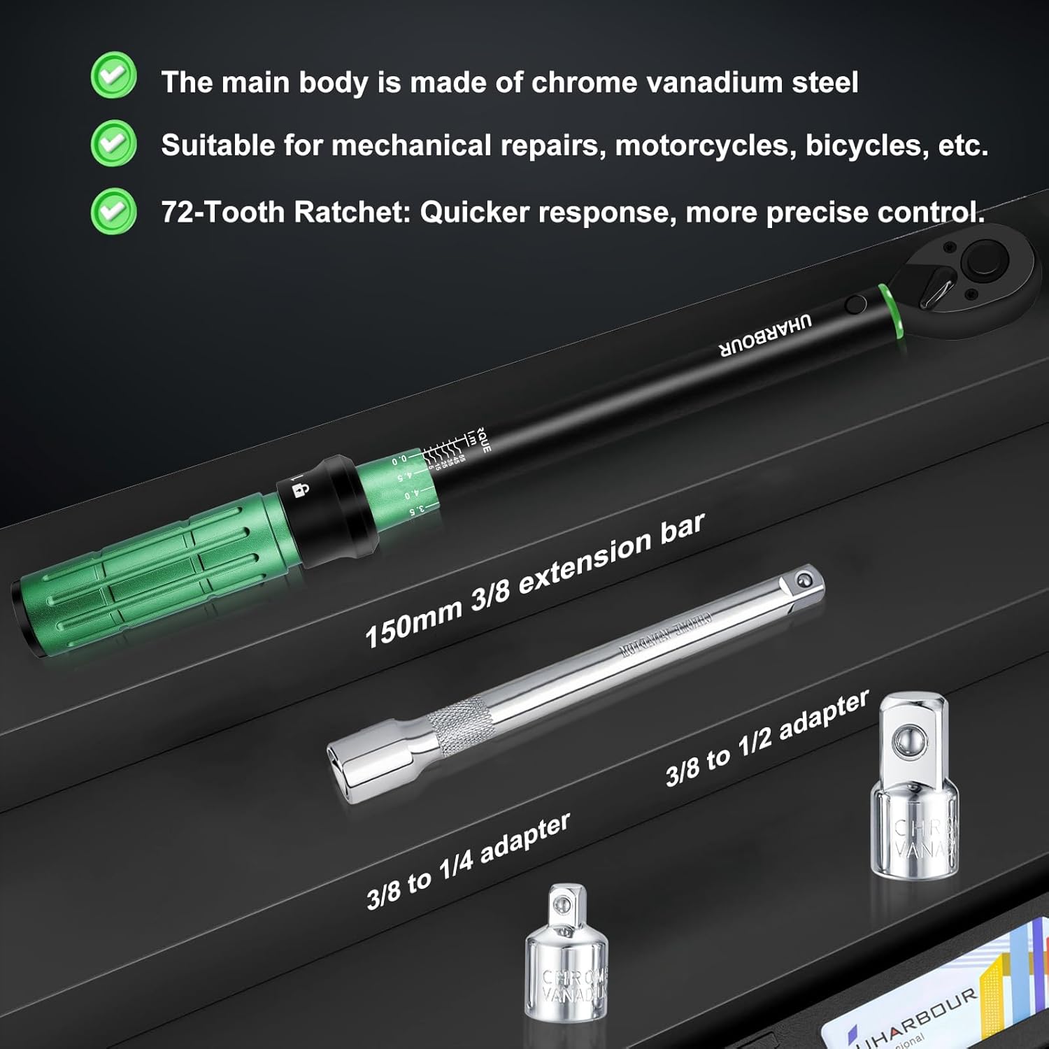 Thumbnail 1 de Uharbour 3/8" Torque Wrench Set (5–60 Nm) with Extension Bar, Adapters & Dual Direction Ratchet