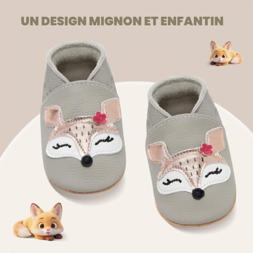Detalle de IceUnicorn Chaussons Bébé Cuir Souple 6-12 mois – Renard Gris Clair