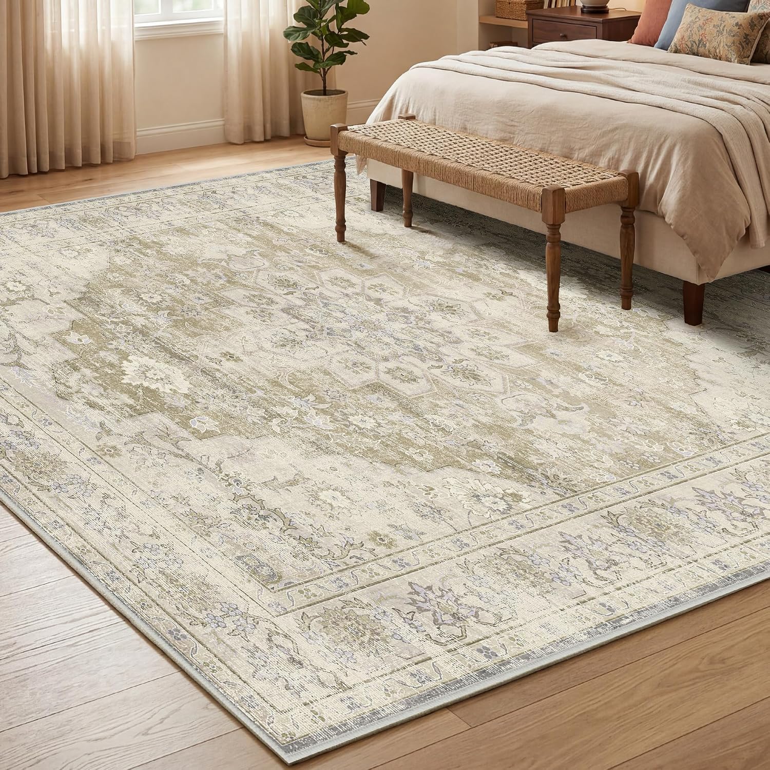Detalle de Autsel Tapis de Salon Vintage 200x300 cm – Beige, Lavable en Machine, Antidérapant et OEKO-TEX