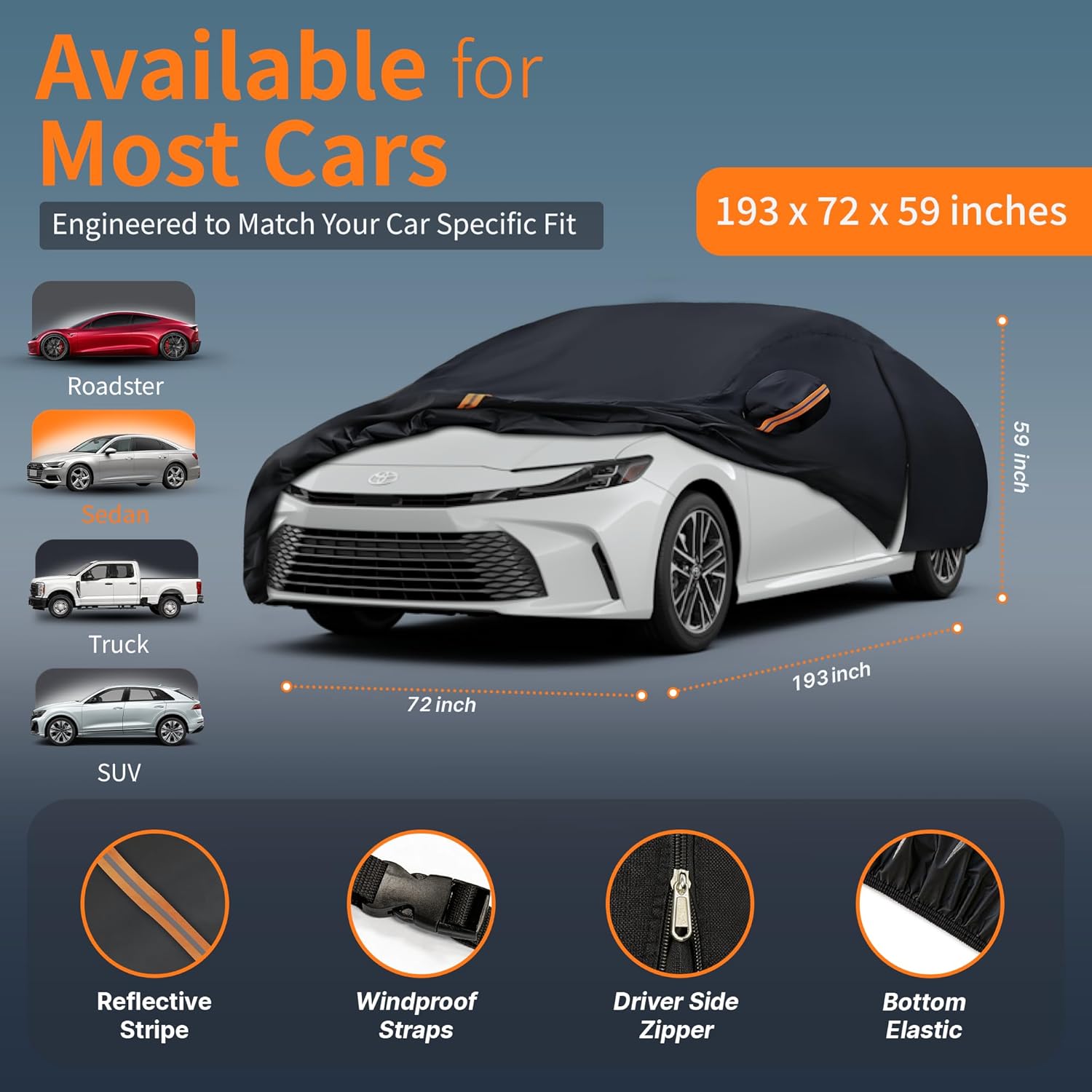 Thumbnail 1 de Tozaroa Waterproof Car Cover All-Weather for Sedans (186–193 inch) with Zipper, Buckles & Storage Bag