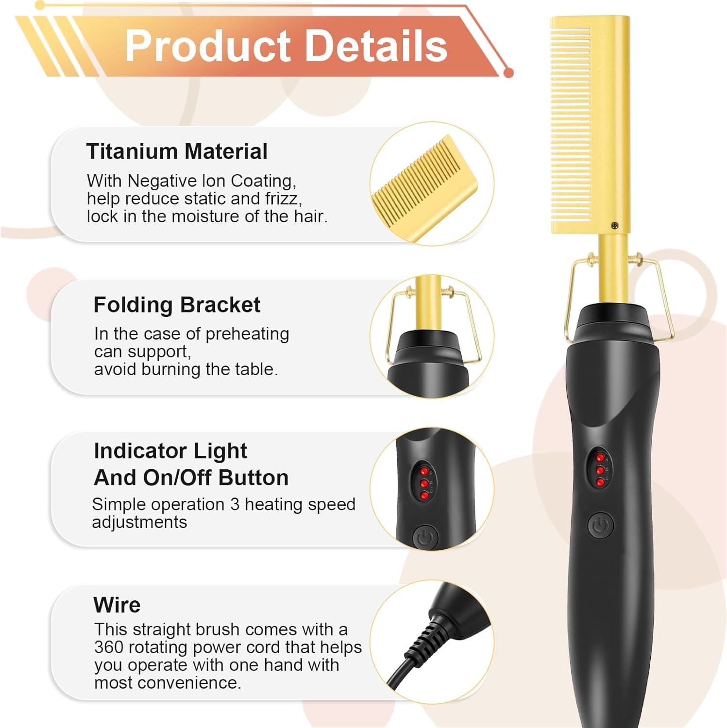 Detalle 2 de Flintronic Electric Hot Comb: Safe, Quick Hair Straightening for Afro, Curly and Thick Textured Hair