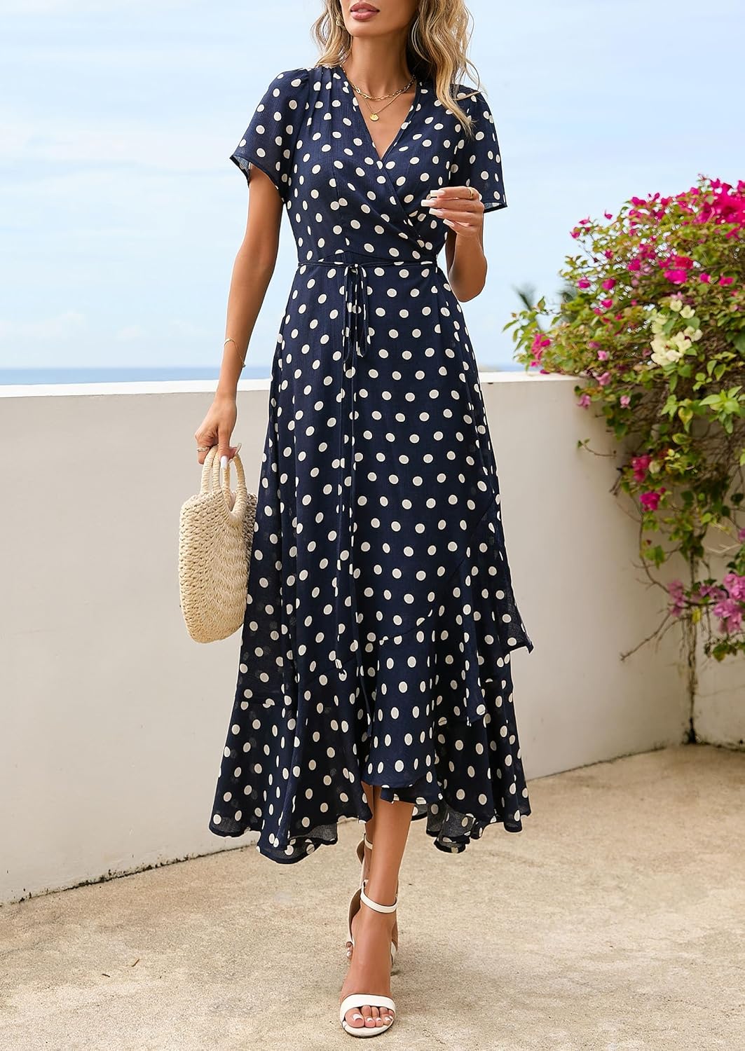 Detalle de PRETTYGARDEN Women's Boho Floral Maxi Dress: Lightweight, Flowy V-Neck Wrap for Summer