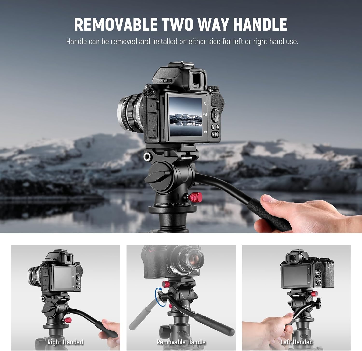 Thumbnail 5 de NEEWER Fluid-Stativkopf GM23 Rot mit Griff und Arca-Schnellwechselplatte (Aluminium, 43 mm Basis)